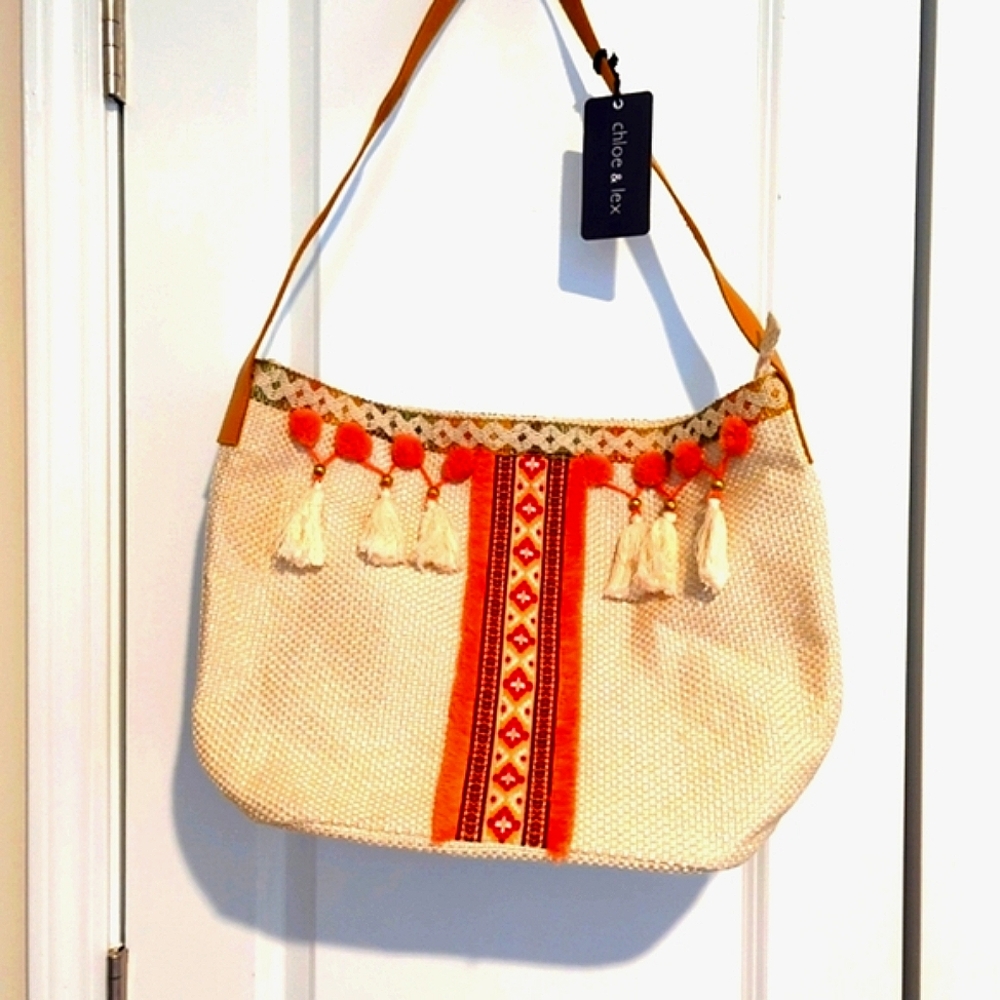 Chloe & Lex Canvas Tote Shoulder Bag Boho Festival Tassels